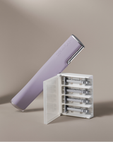 DERMAFLASH LUXE+ - Lilac | LUXE+ dermaplaning tool shown with refill Microfine Edge™ blades in Lilac
