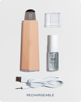 DERMAPORE+ - Peach Fuzz | DERMAPORE+ device in Peach Fuzz shown with PREP MIST, charging cord and cover
