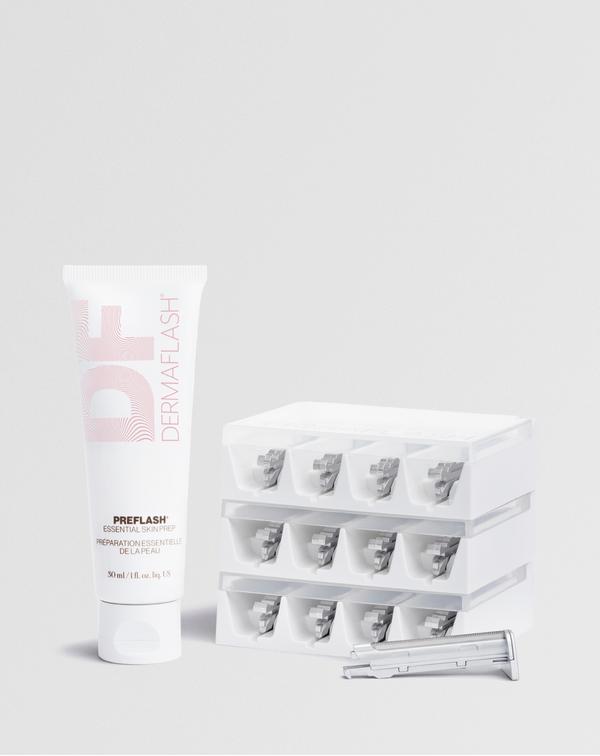 LUXE+ Replenishment shown with PREFLASH® Cleanser and set of 12 Microfine Edges™ refill kit