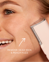 DERMAFLASH LUXE+ - Blush | Model showing a line of peach fuzz + dead skin removed after using LUXE+ Blush