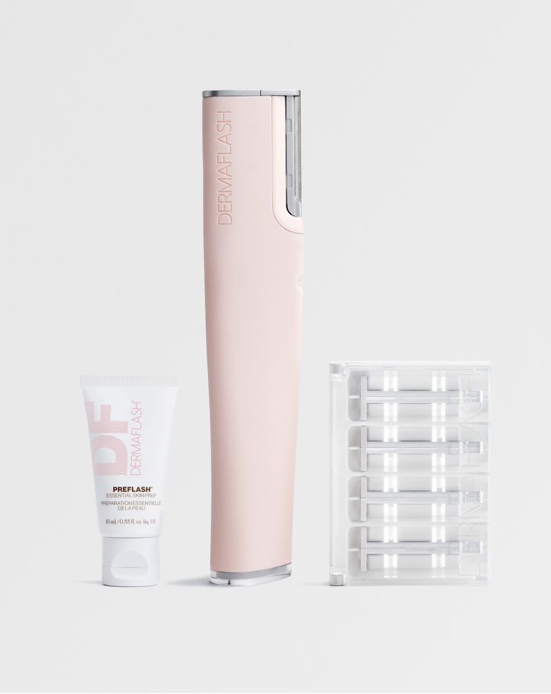 DERMAFLASH LUXE+ - Blush | PREFLASH® Cleanser, LUXE+ device in Blush and set of 4 Microfine Edges™ 
