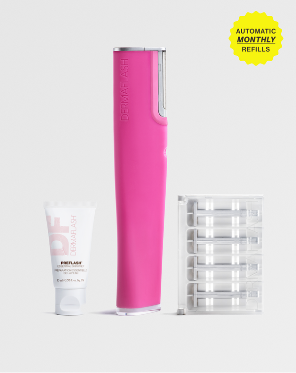 Pop Pink | PREFLASH® Cleanser, LUXE+ device in Pop Pink and set of 4 Microfine Edges™ 