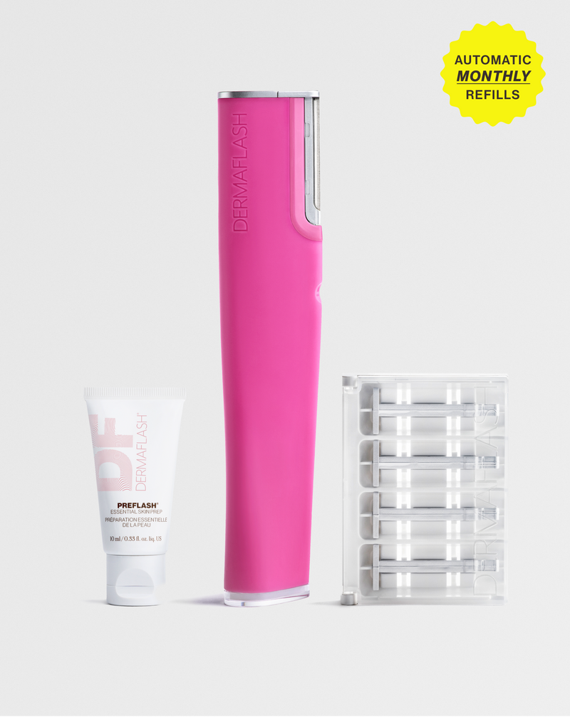 LUXE+ WITH MONTHLY REFILLS - Pop Pink | PREFLASH® Cleanser, LUXE+ device in Pop Pink and set of 4 Microfine Edges™ 