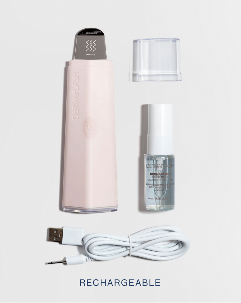 Blush | DERMPORE+ device in Blush, cap, PREP MIST and charging cable 