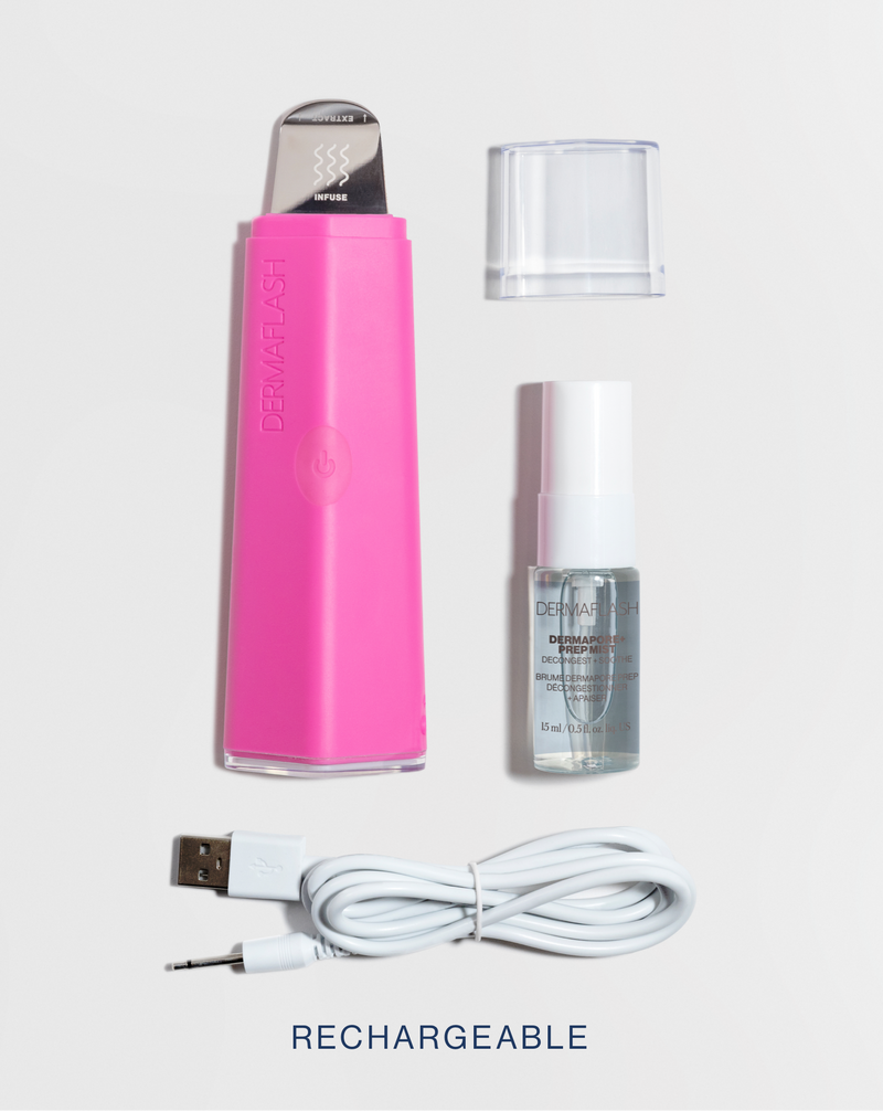 DERMAPORE+ - Pop | DERMPORE+ device in Pop Pink, cap, PREP MIST and charging cable 