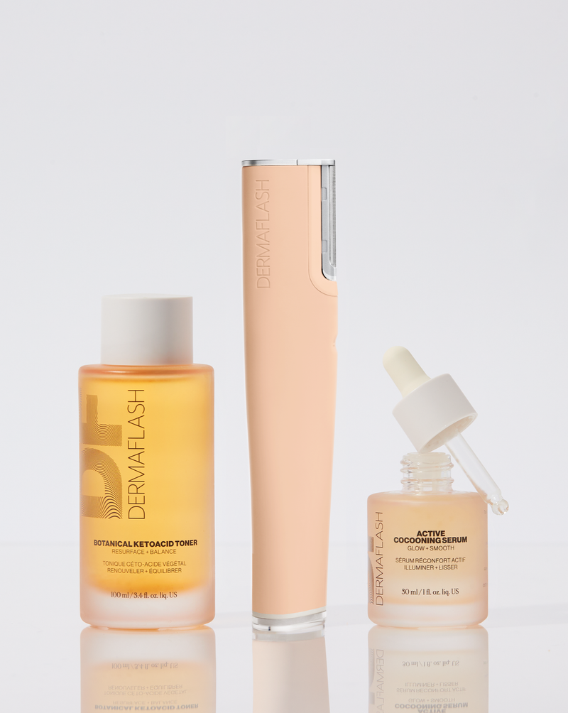 LUXE+ SONIC SKINCARE SET - Peach Fuzz | LUXE+ Sonic Skincare Set set in Peach Fuzz with LUXE+, BOTANICAL KETOACID TONER and ACTIVE COCOONING SERUM