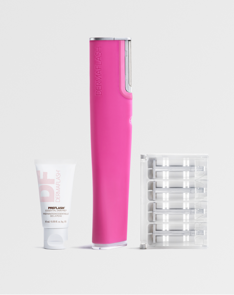 Pop Pink | PREFLASH® Cleanser, LUXE+ device in Pop Pink and set of 4 Microfine Edges™ 